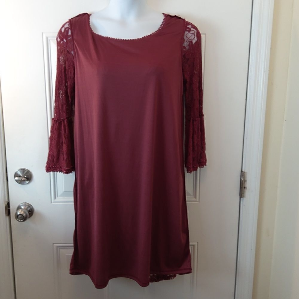 Blooming Rose maroon fully lined lace Bell sleeve dress - Picture 10 of 12